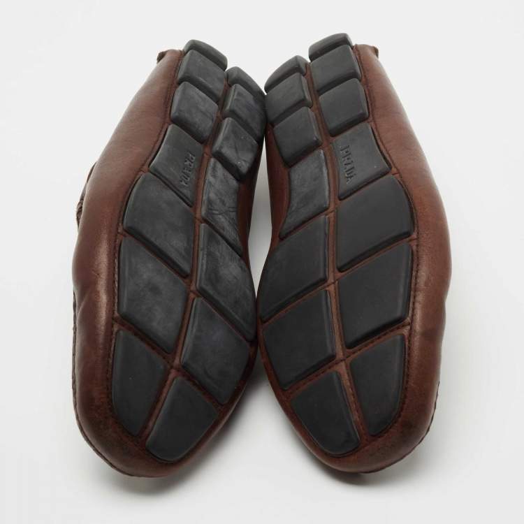 Pre Owned Prada Brown Leather Slip On Loafers Size 41