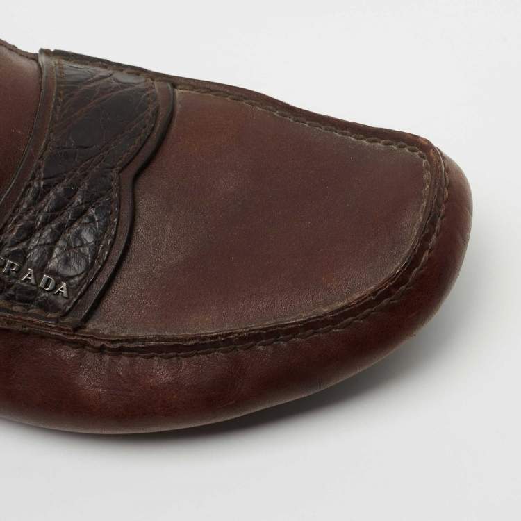 Pre Owned Prada Brown Leather Slip On Loafers Size 41