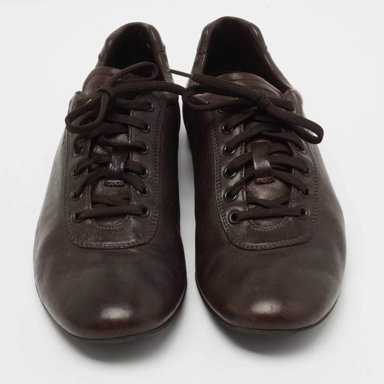 Pre Owned Prada Dark Brown Leather Lace Up Sneakers Size 41