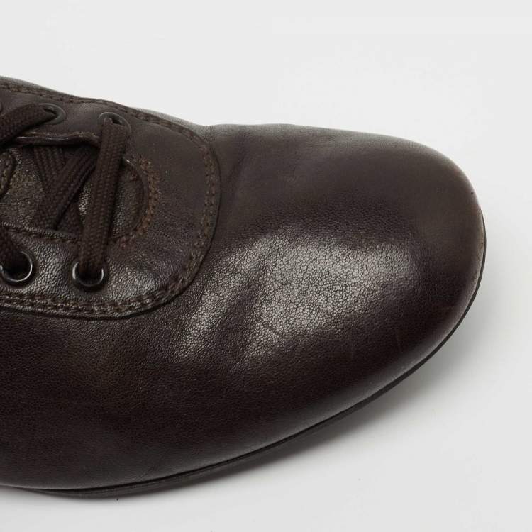 Pre Owned Prada Dark Brown Leather Lace Up Sneakers Size 41