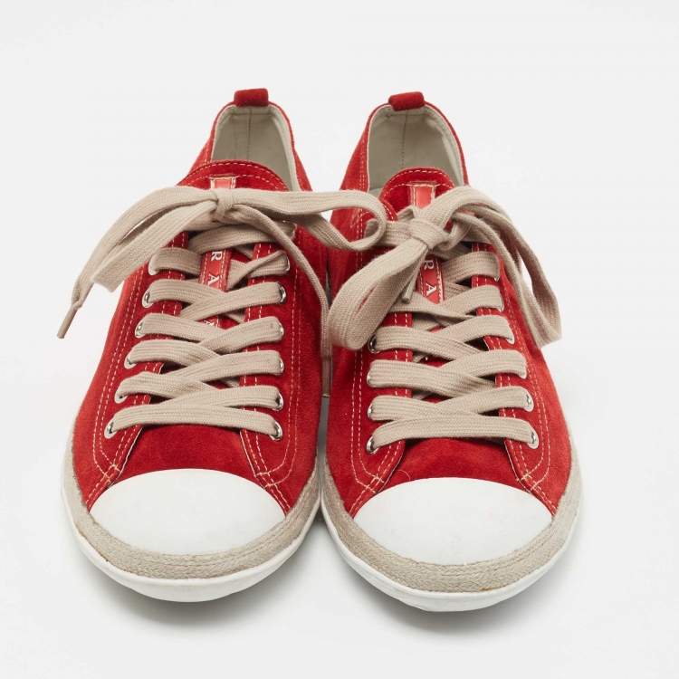 Pre Owned Prada Red Suede Lace Up Sneakers Size 41 