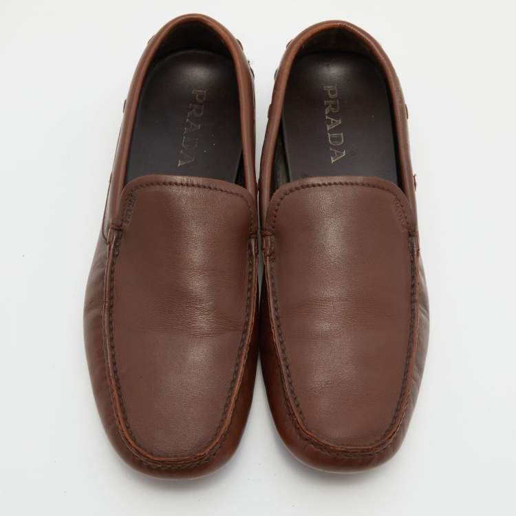 Pre Owned Prada Brown Leather Slip On Loafers Size 43