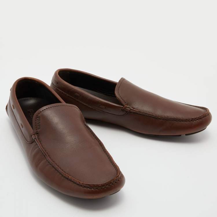 Pre Owned Prada Brown Leather Slip On Loafers Size 43