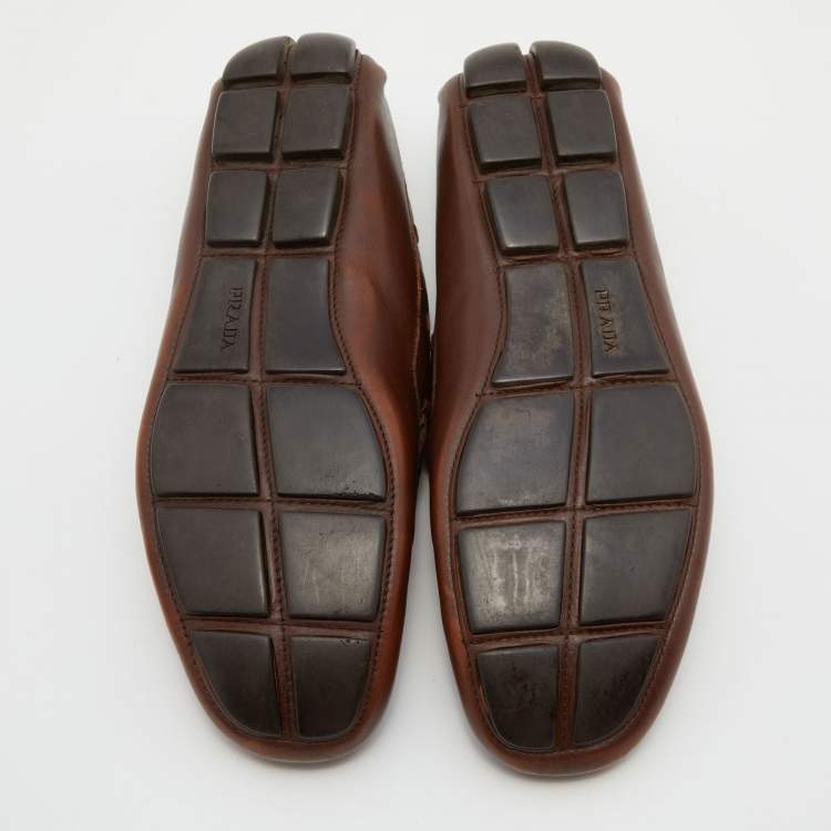 Pre Owned Prada Brown Leather Slip On Loafers Size 43