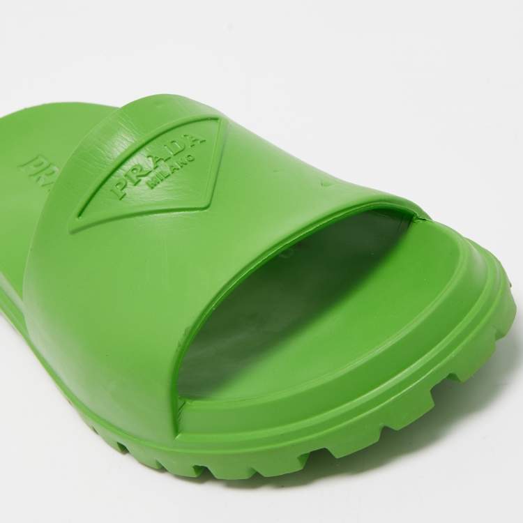 Pre Owned Prada Green Rubber Logo Printed Flat Slides Size 41