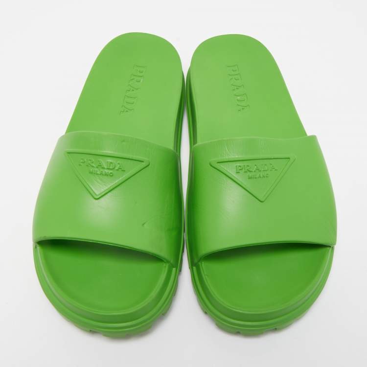 Pre Owned Prada Green Rubber Logo Printed Flat Slides Size 41