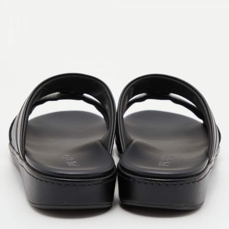 Pre Owned Prada Black Saffiano Leather Buckle Slide Flat Sandals Size 45.5