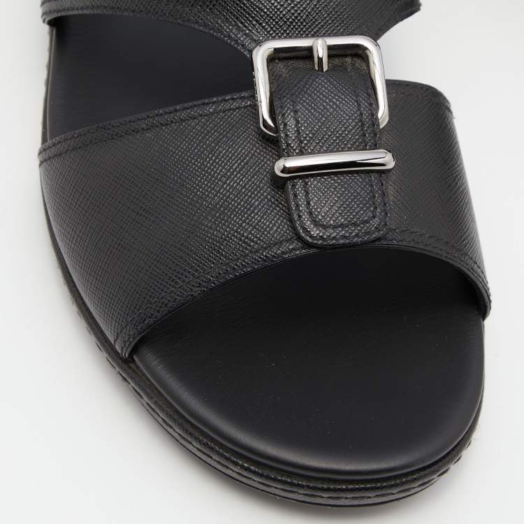 Pre Owned Prada Black Saffiano Leather Buckle Slide Flat Sandals Size 45.5