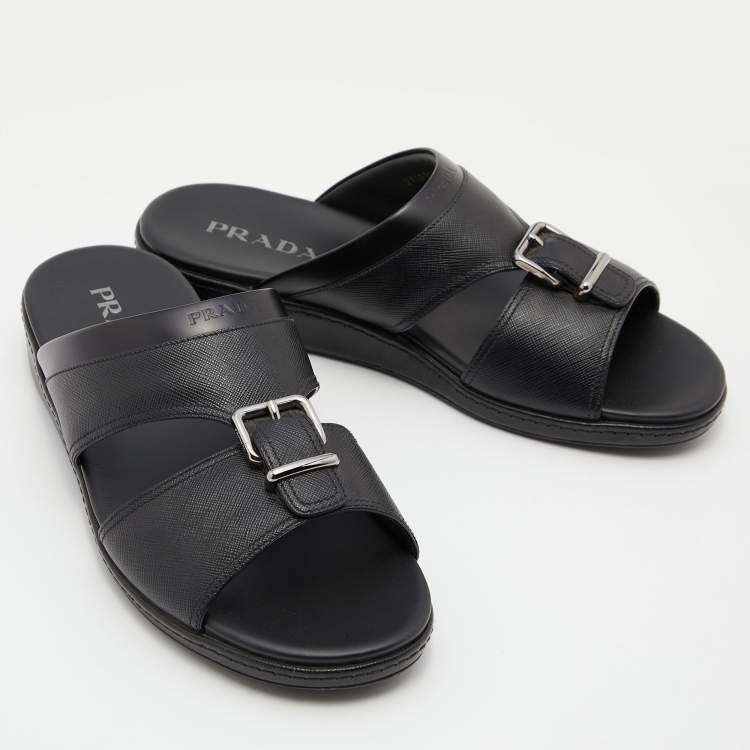 Pre Owned Prada Black Saffiano Leather Buckle Slide Flat Sandals Size 45.5