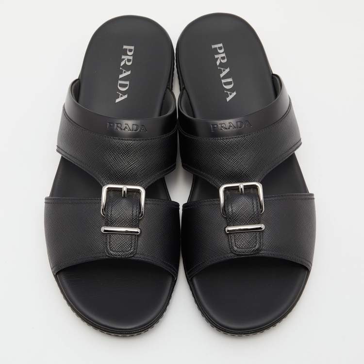 Pre Owned Prada Black Saffiano Leather Buckle Slide Flat Sandals Size 45.5