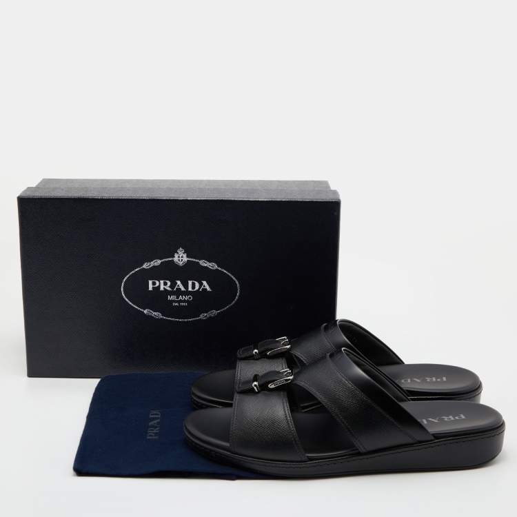 Pre Owned Prada Black Saffiano Leather Buckle Slide Flat Sandals Size 45.5