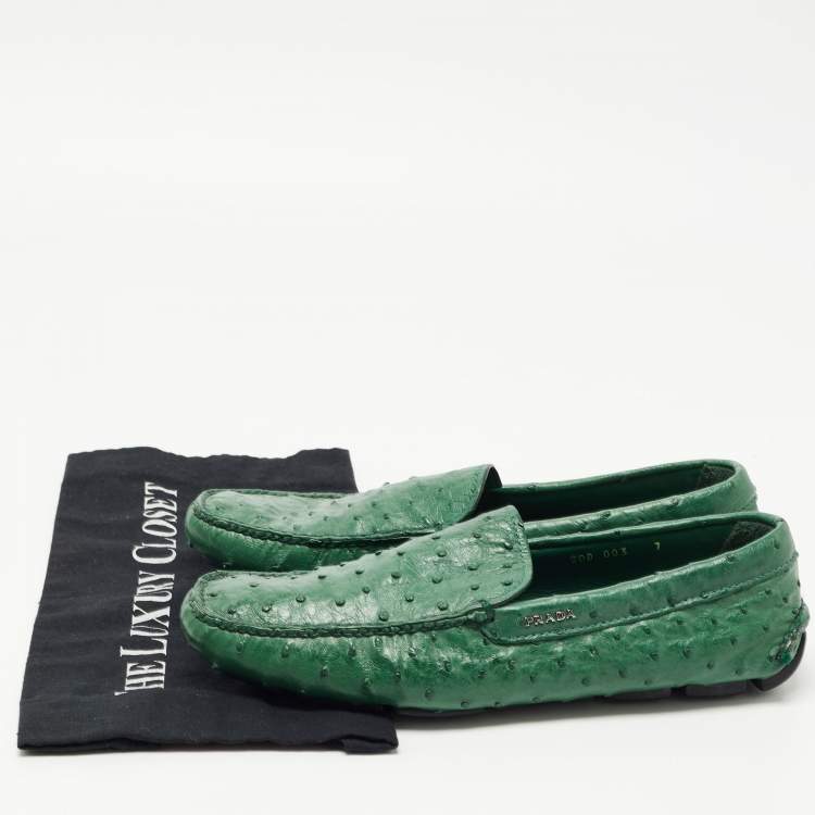 Pre Owned Prada Green Ostrich Leather Slip on Loafers Size 41