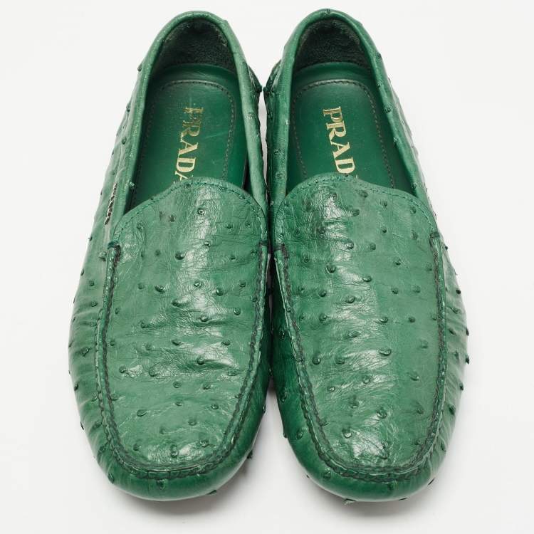 Pre Owned Prada Green Ostrich Leather Slip on Loafers Size 41