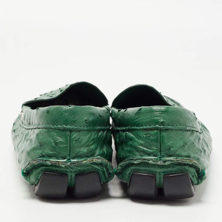 Pre Owned Prada Green Ostrich Leather Slip on Loafers Size 41