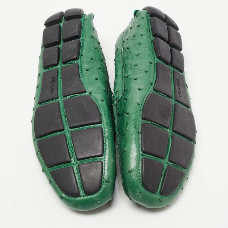 Pre Owned Prada Green Ostrich Leather Slip on Loafers Size 41