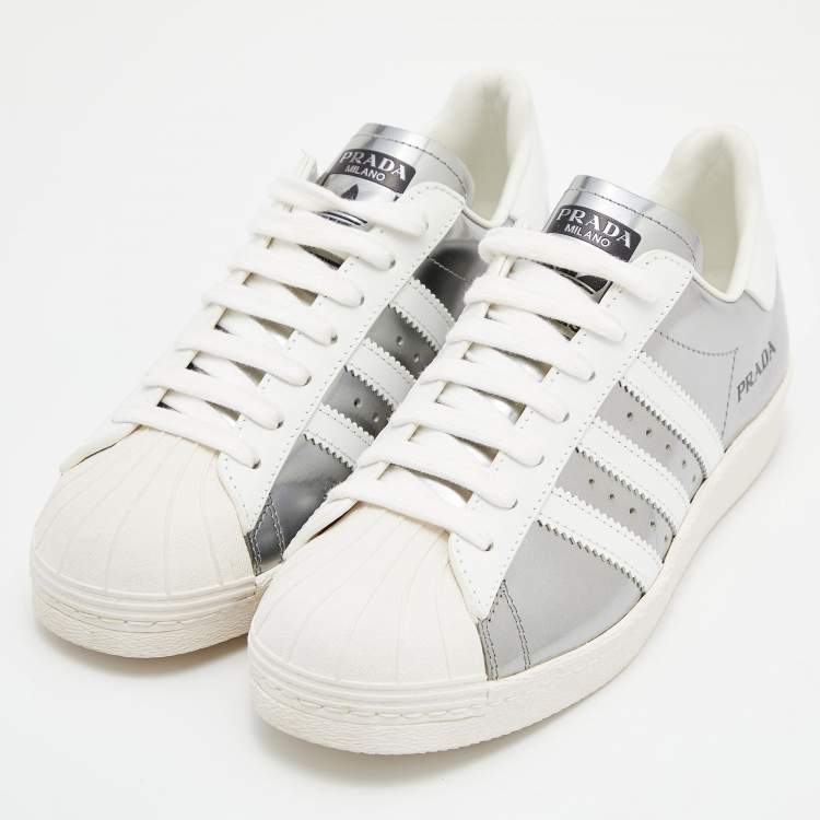 Prada x Adidas White/Silver Leather Superstar Low Top Sneakers