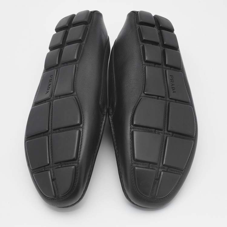 Pre Owned Prada Black Leather Logo Slip On Loafers Size 42