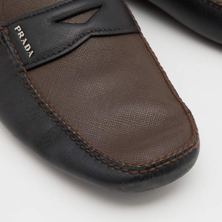 Pre Owned Prada Black/Brown Saffiano Leather Driving Slip On Loafers Size 45