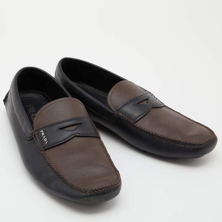 Pre Owned Prada Black/Brown Saffiano Leather Driving Slip On Loafers Size 45