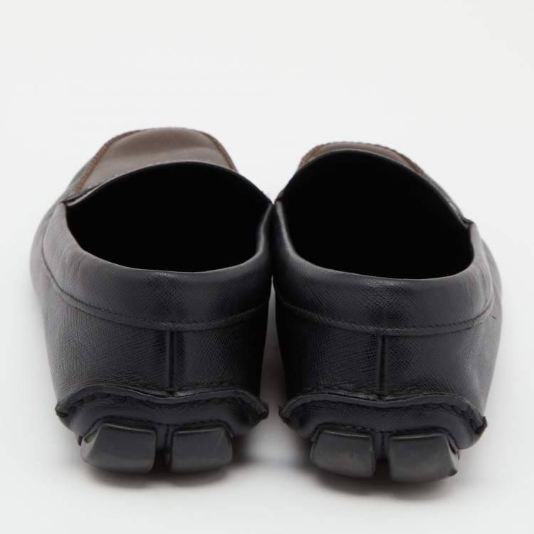 Pre Owned Prada Black/Brown Saffiano Leather Driving Slip On Loafers Size 45