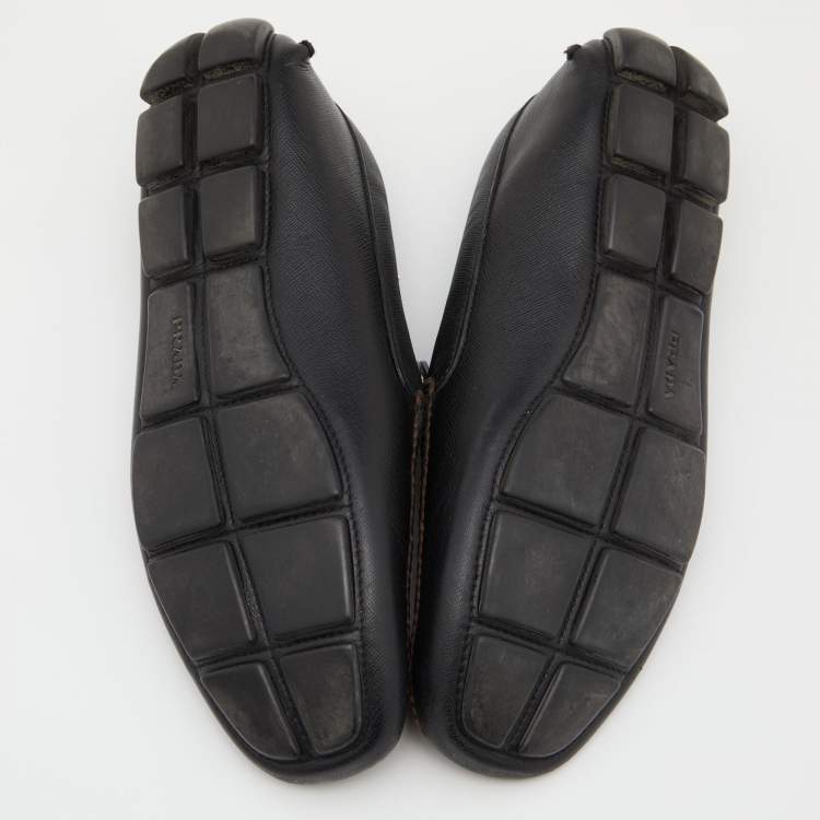 Pre Owned Prada Black/Brown Saffiano Leather Driving Slip On Loafers Size 45