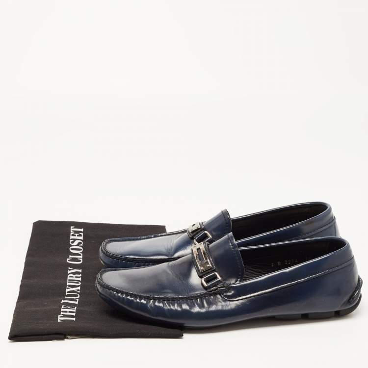 Pre Owned Prada Navy Blue Leather Slip On Loafers Sie 41.5 