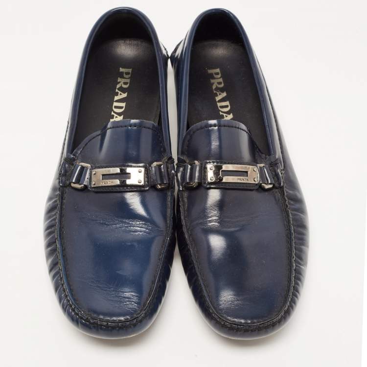 Pre Owned Prada Navy Blue Leather Slip On Loafers Sie 41.5 