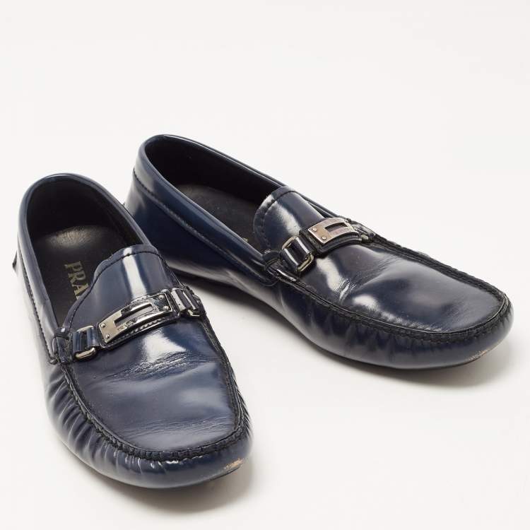 Pre Owned Prada Navy Blue Leather Slip On Loafers Sie 41.5 