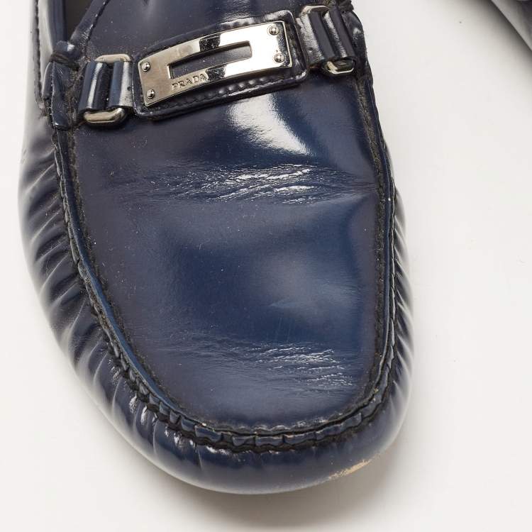Pre Owned Prada Navy Blue Leather Slip On Loafers Sie 41.5 