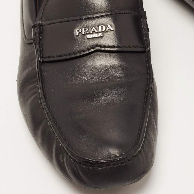 Pre Owned Prada Black Leather Slip On Loafers Size 43.5 