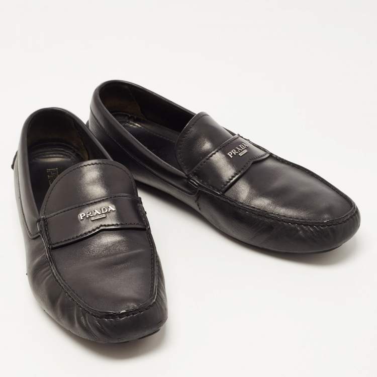 Pre Owned Prada Black Leather Slip On Loafers Size 43.5 