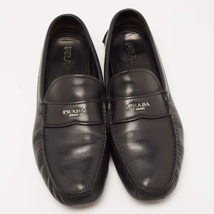 Pre Owned Prada Black Leather Slip On Loafers Size 43.5 