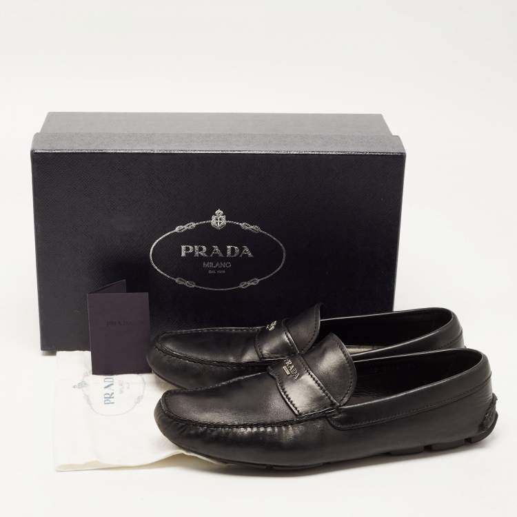Pre Owned Prada Black Leather Slip On Loafers Size 43.5 