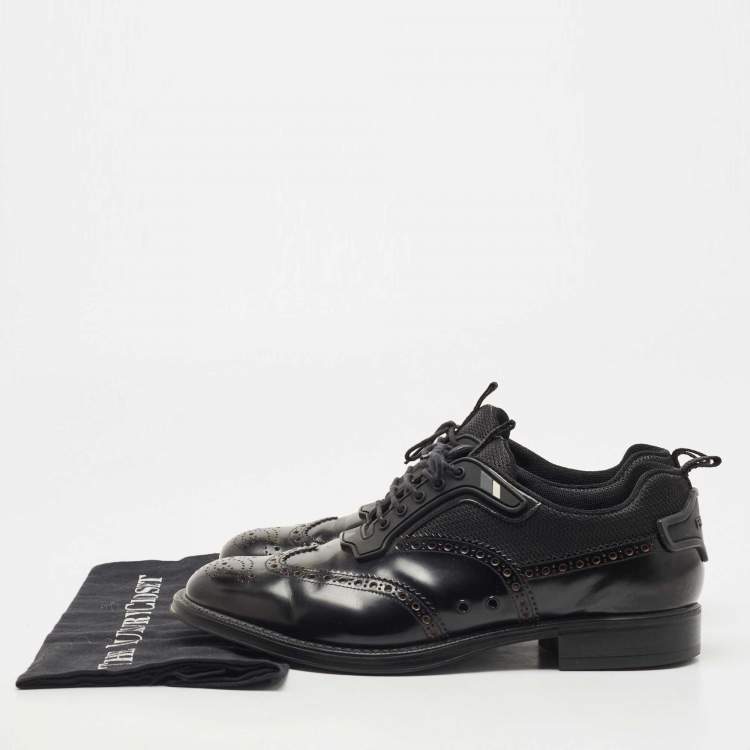 Pre Owned Prada Black Brogue Leather and Mesh Lace Up Oxfords Size 41.5