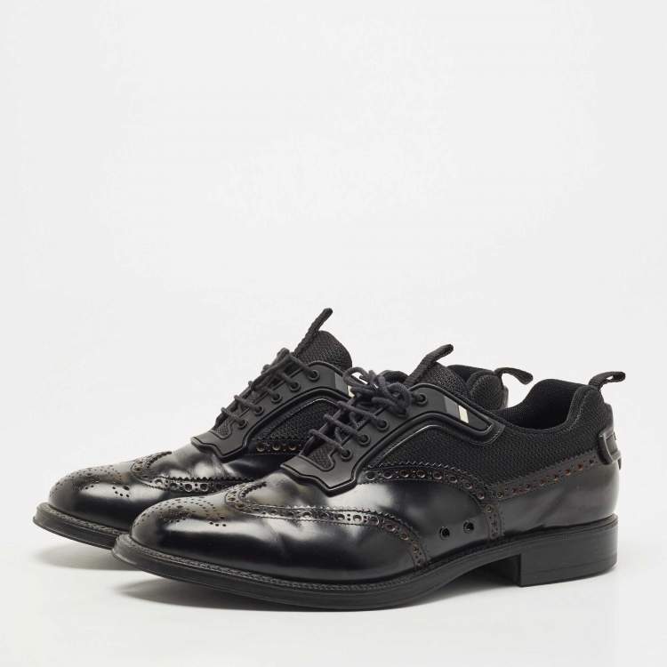 Pre Owned Prada Black Brogue Leather and Mesh Lace Up Oxfords Size 41.5