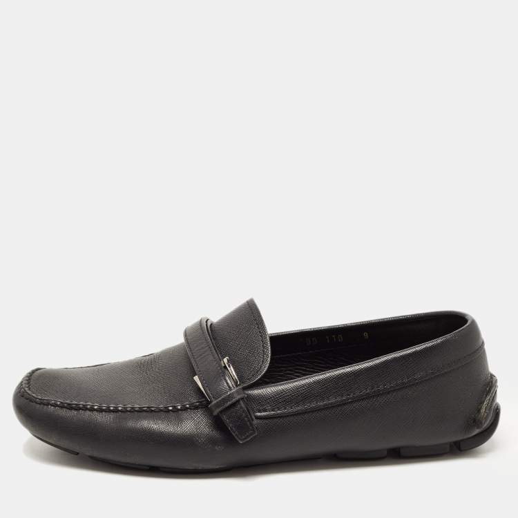 Pre Owned Prada Black Saffiano Leather Slip On Loafers Size 42