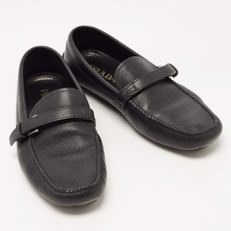 Pre Owned Prada Black Saffiano Leather Slip On Loafers Size 42