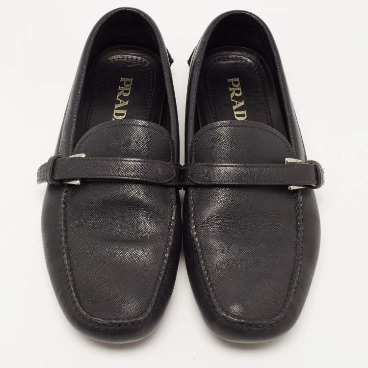 Pre Owned Prada Black Saffiano Leather Slip On Loafers Size 42