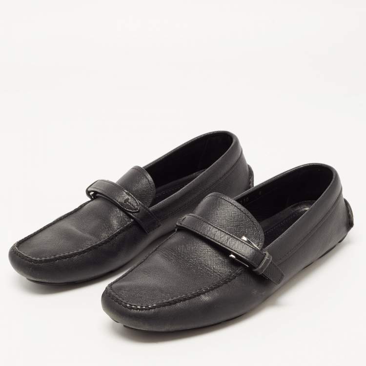 Pre Owned Prada Black Saffiano Leather Slip On Loafers Size 42