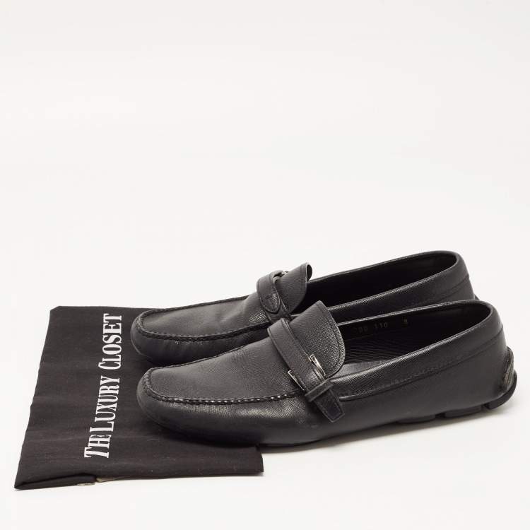 Pre Owned Prada Black Saffiano Leather Slip On Loafers Size 42