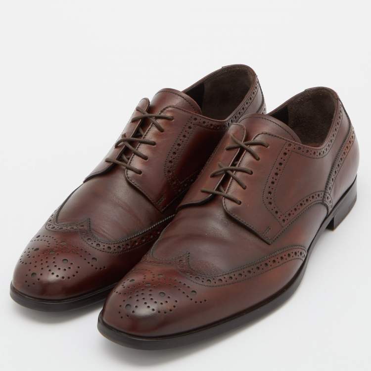 Pre Owned Prada Brown Leather Lace Up Derby Size 43.5
