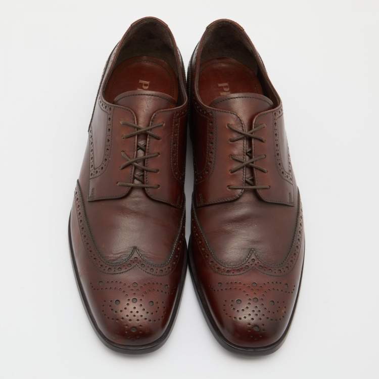 Pre Owned Prada Brown Leather Lace Up Derby Size 43.5