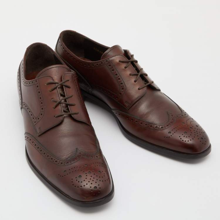 Pre Owned Prada Brown Leather Lace Up Derby Size 43.5