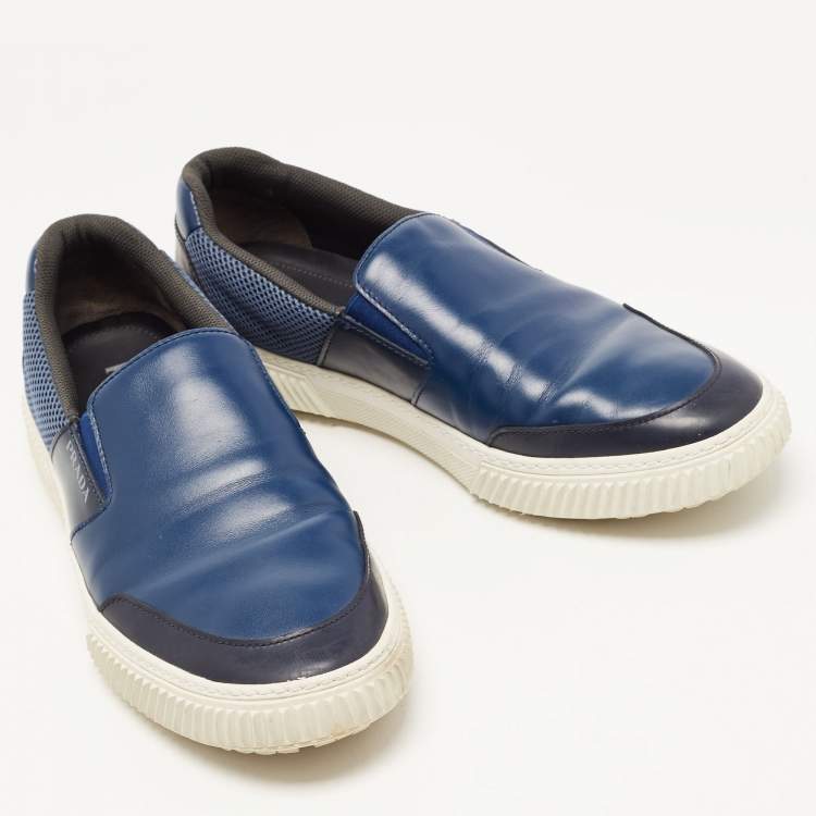 مملوكة مسبقًا Prada Blue Leather Slip On Sneakers Size 44.5