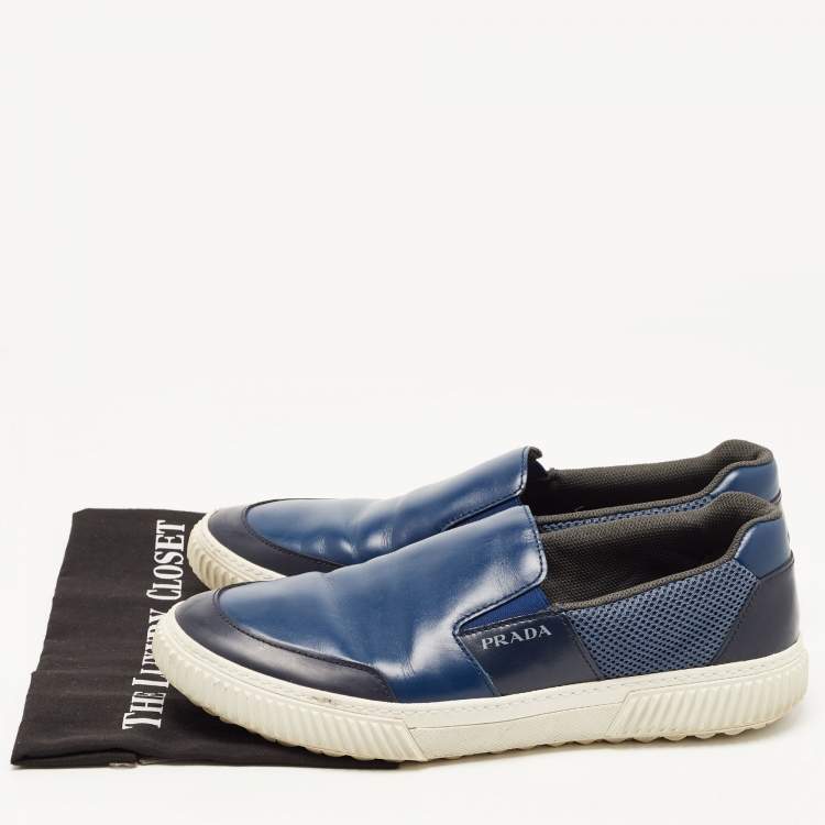 مملوكة مسبقًا Prada Blue Leather Slip On Sneakers Size 44.5