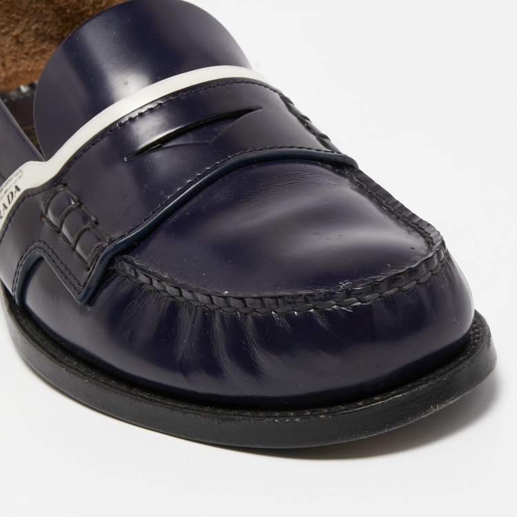 Pre Owned Prada Blue/White Leather Slip on Loafers Size 42.5