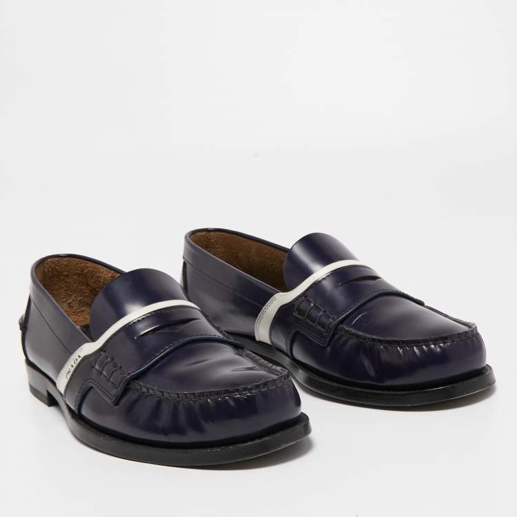 Pre Owned Prada Blue/White Leather Slip on Loafers Size 42.5