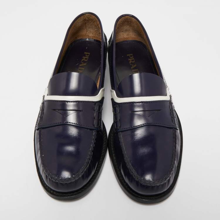 Pre Owned Prada Blue/White Leather Slip on Loafers Size 42.5