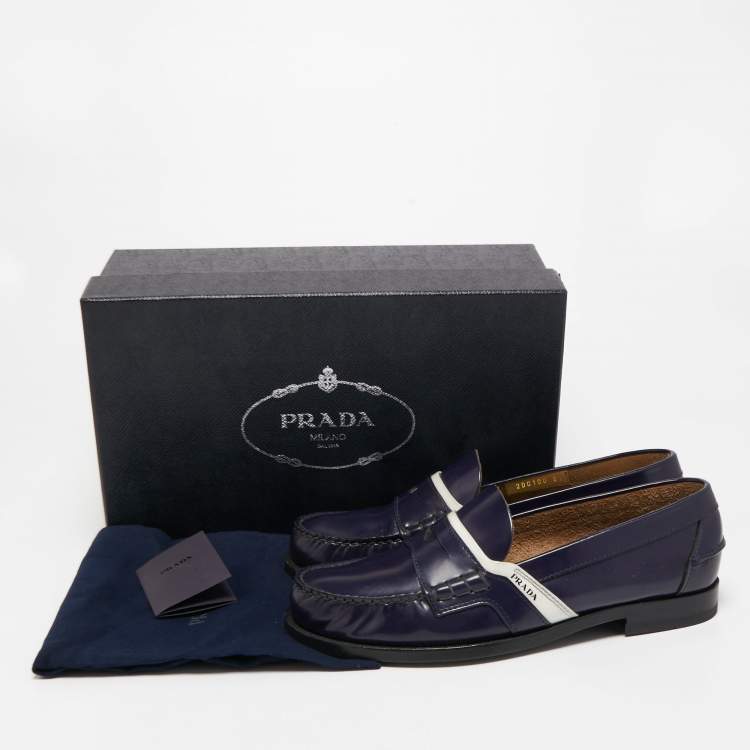 Pre Owned Prada Blue/White Leather Slip on Loafers Size 42.5