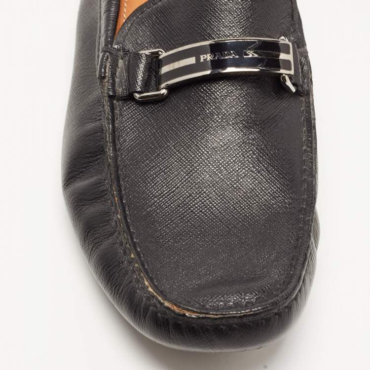 Pre Owned Prada Black Saffiano Leather Slip On Loafers Size 42